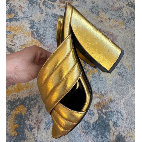 Gucci Metallic Gold Leather Webby Sandal Cross Strap Block Heel - Picture 4 of 11
